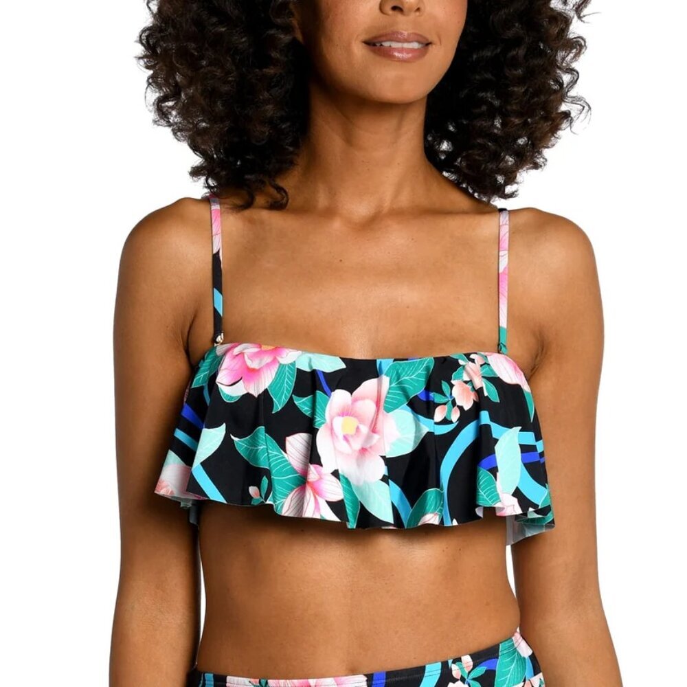 NWT La Blanca Nightfall Blooms Bandeau Ruffle Bikini Top